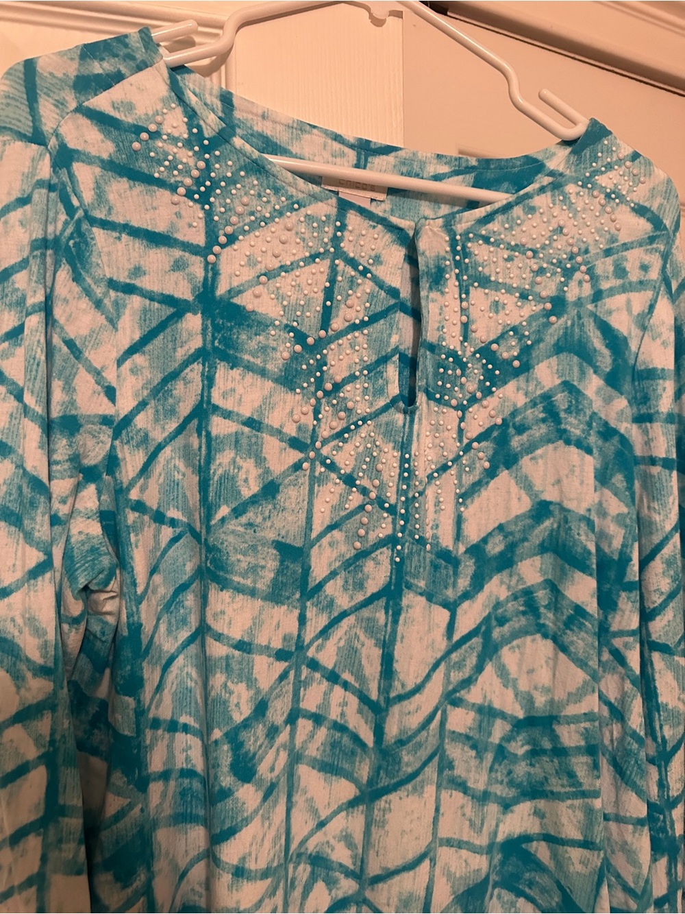 Chico's Turquoise & White Geometric Long-Sleeve Top